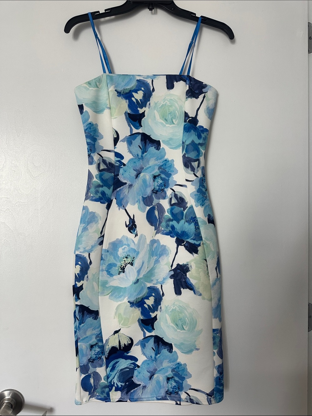 Blue Floral Spaghetti-Strap Sheath Dress